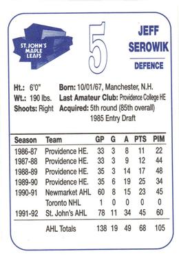 1992-93 St. John's Maple Leafs (AHL) #NNO Jeff Serowik Back