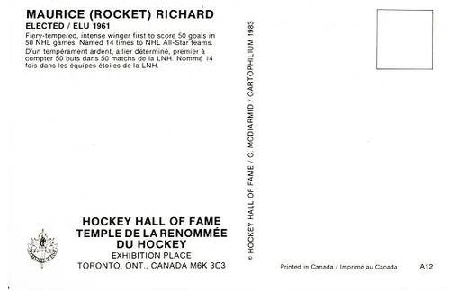 1983 Cartophilium Hockey Hall of Fame Postcards #A12 Rocket Richard Back