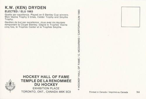 1983 Cartophilium Hockey Hall of Fame Postcards #N4 Ken Dryden Back