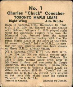 1937-38 World Wide Gum (V356) #1 Charlie Conacher Back