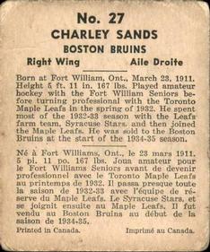 1937-38 World Wide Gum (V356) #27 Charles Sands Back