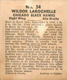 1937-38 World Wide Gum (V356) #34 Wildor Larochelle Back