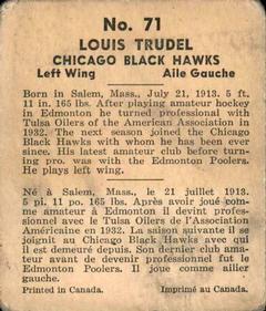 1937-38 World Wide Gum (V356) #71 Louis Trudel Back