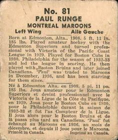 1937-38 World Wide Gum (V356) #81 Paul Runge Back