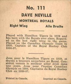 1937-38 World Wide Gum (V356) #111 Dave Neville Back