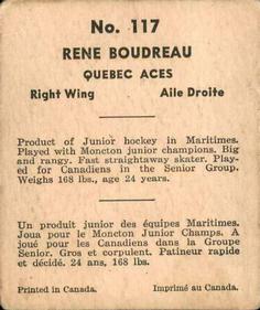 1937-38 World Wide Gum (V356) #117 Rene Boudreau Back