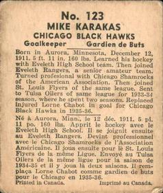 1937-38 World Wide Gum (V356) #123 Mike Karakas Back