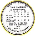 1962-63 Shirriff Coins #53 Frank Mahovlich Back