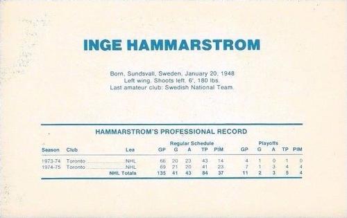 1975-76 Toronto Maple Leafs #NNO Inge Hammarstrom Back