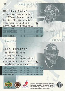 2002-03 Upper Deck Mask Collection - UD Promos #45 Jose Theodore / Mathieu Garon Back