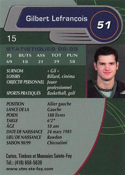 1999-00 Cartes, Timbres et Monnaies Sainte-Foy Shawinigan Cataractes (QMJHL) #15 Gilbert Lefrancois Back