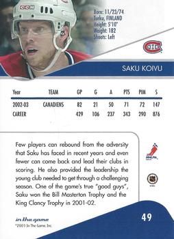 2003-04 In The Game Toronto Star #49 Saku Koivu Back