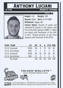 2014-15 Choice Toledo Walleye (ECHL) #10 Anthony Luciani Back
