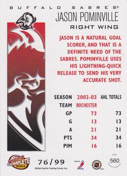 2003-04 Pacific Crown Royale - 2003-04 Pacific Complete Red #560 Jason Pominville Back