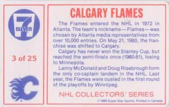 1985-86 7-Eleven NHL Collectors' Series #3 Paul Reinhart / Lanny McDonald Back