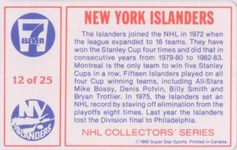 1985-86 7-Eleven NHL Collectors' Series #12 Mike Bossy / Bryan Trottier Back