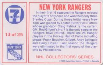 1985-86 7-Eleven NHL Collectors' Series #13 Reijo Ruotsalainen / Barry Beck Back