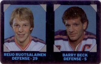 1985-86 7-Eleven NHL Collectors' Series #13 Reijo Ruotsalainen / Barry Beck Front