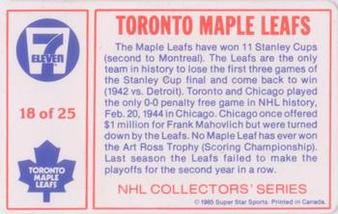 1985-86 7-Eleven NHL Collectors' Series #18 Rick Vaive / Borje Salming Back