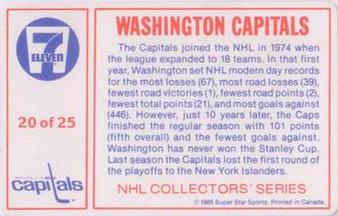 1985-86 7-Eleven NHL Collectors' Series #20 Rod Langway / Mike Gartner Back