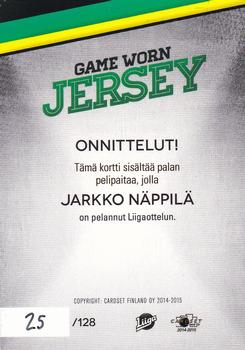 2014-15 Cardset Finland - Game Worn Jersey Series 2 Exchange #NNO Jarkko Näppilä Back