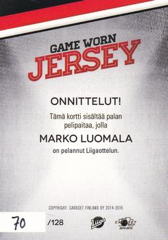 2014-15 Cardset Finland - Game Worn Jersey Series 2 Exchange #NNO Marko Luomala Back