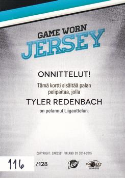 2014-15 Cardset Finland - Game Worn Jersey Series 2 Exchange #NNO Tyler Redenbach Back