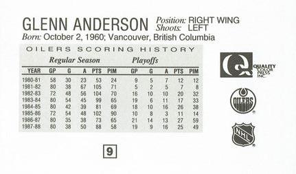 1988-89 Edmonton Oilers Action Magazine Tenth Anniversary Commemerative #9 Glenn Anderson Back