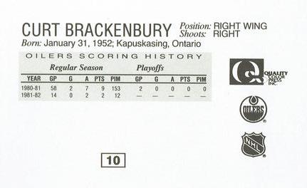 1988-89 Edmonton Oilers Action Magazine Tenth Anniversary Commemerative #10 Curt Brackenbury Back