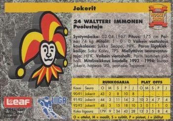 1993-94 Leaf Sisu SM-Liiga (Finnish) - Signature Cards #8 Waltteri Immonen Back
