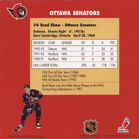 1993-94 Kraft NHL Superstar Recipes #NNO Brad Shaw Back