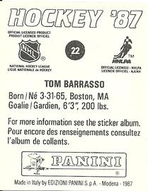 1987-88 Panini Hockey Stickers #22 Tom Barrasso Back