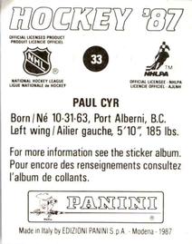 1987-88 Panini Hockey Stickers #33 Paul Cyr Back