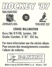 1987-88 Panini Hockey Stickers #72 Craig Billington Back