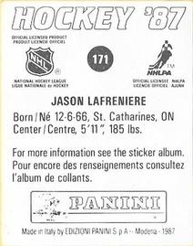 1987-88 Panini Hockey Stickers #171 Jason Lafreniere Back