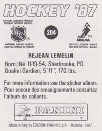 1987-88 Panini Hockey Stickers #204 Rejean Lemelin Back
