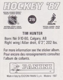 1987-88 Panini Hockey Stickers #216 Tim Hunter Back