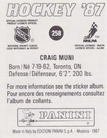1987-88 Panini Hockey Stickers #258 Craig Muni Back