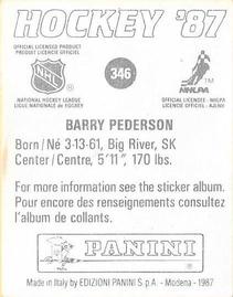 1987-88 Panini Hockey Stickers #346 Barry Pederson Back