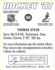 1987-88 Panini Hockey Stickers #365 Thomas Steen Back