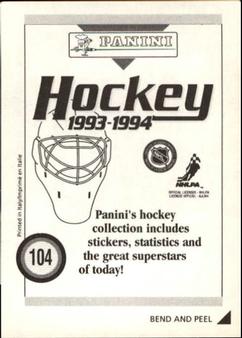 1993-94 Panini Hockey Stickers #104 Bob Sweeney Back
