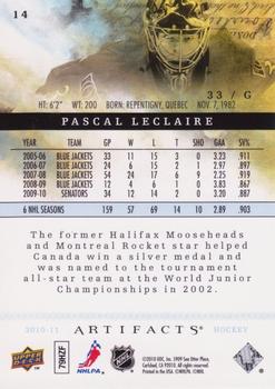 2010-11 Upper Deck Artifacts #14 Pascal Leclaire  Back
