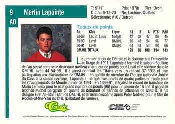 1991 Classic Draft Picks French #9 Martin Lapointe Back