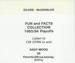 1983-84 McDonald's Edmonton Oilers Stickers #NNO Andy Moog Back
