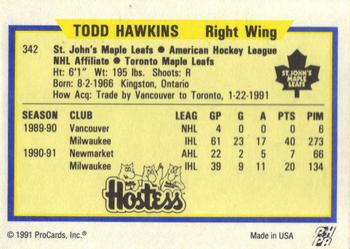 1991-92 ProCards AHL/IHL/CoHL #342 Todd Hawkins Back