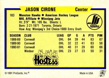 1991-92 ProCards AHL/IHL/CoHL #183 Jason Cirone Back