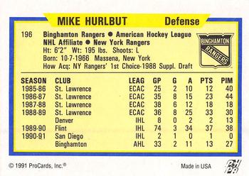 1991-92 ProCards AHL/IHL/CoHL #196 Mike Hurlbut Back