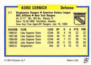 1991-92 ProCards AHL/IHL/CoHL #211 Kord Cernich Back