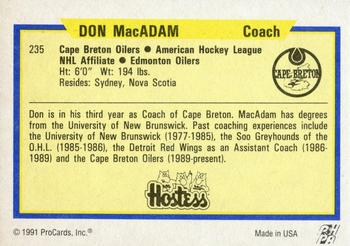 1991-92 ProCards AHL/IHL/CoHL #235 Don MacAdam Back