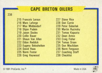 1991-92 ProCards AHL/IHL/CoHL #238 Cape Breton Oilers Checklist Back